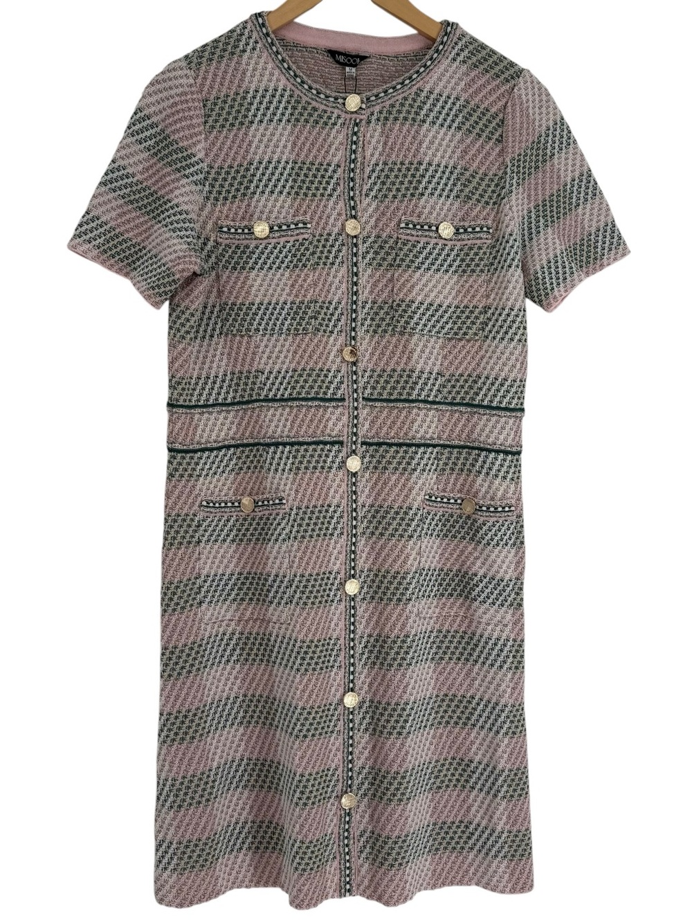 Misook NWT Plaid Tweed Knit Sheath Dress Pink Green Size M Short Sleeves Career